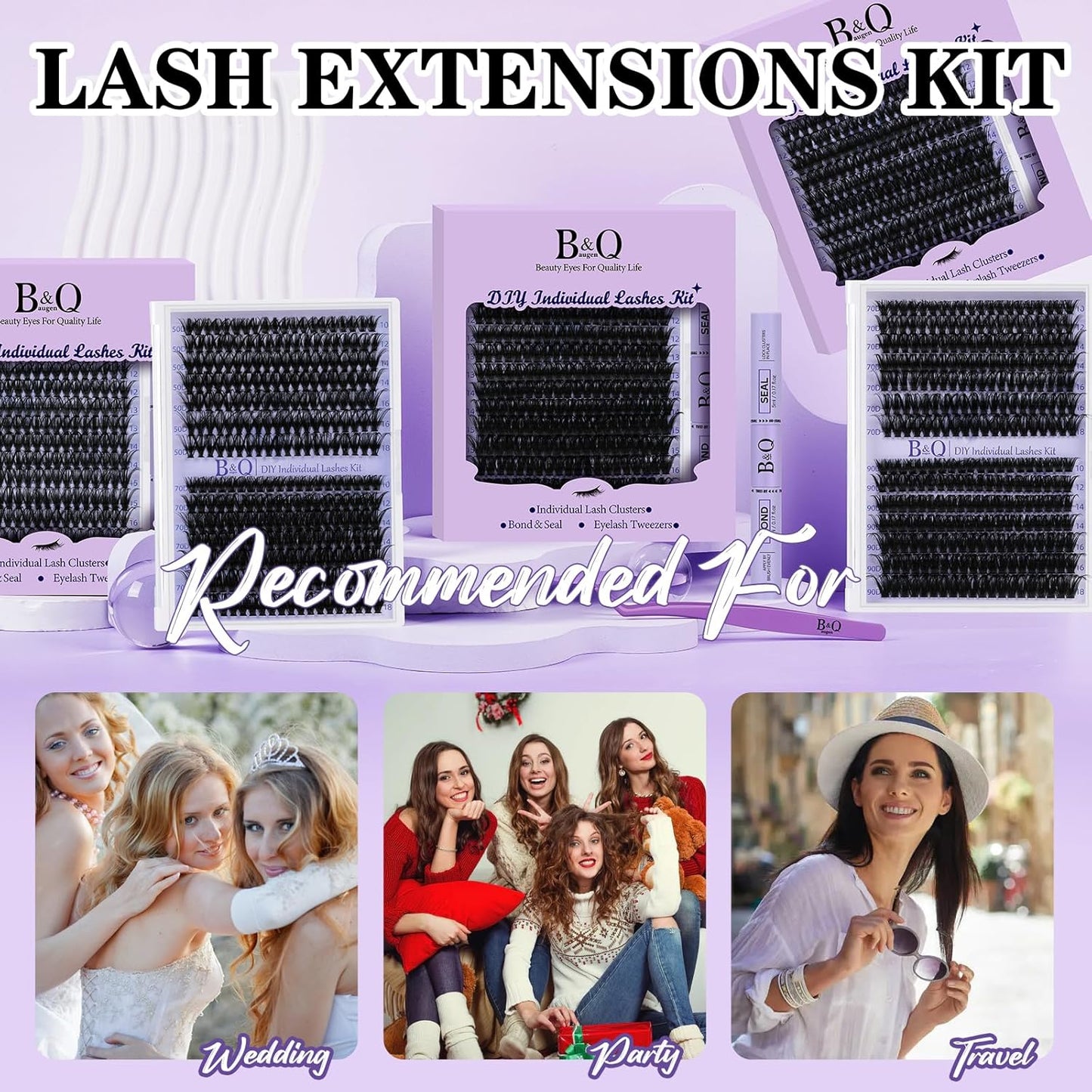 B&Qaugen Lash Extension Kit 280Pcs Volume Individual Lashes Kit Superfine Individual Eyelashes 10-18mm Soft D Curl Eyelash Clusters Kit with Bond and Seal Tweezers for Self Use （Kit-90D-10-18MIX）