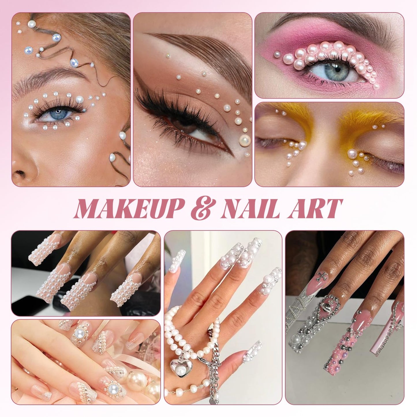 9000Pcs Flatback Pearls and Rhinestones for Crafting, Pink White Mixed Size 3-8mm Resin Rhinestones and Half Pearls for Bedazzling, Nail Art with Tweezers and Pickup Pencil