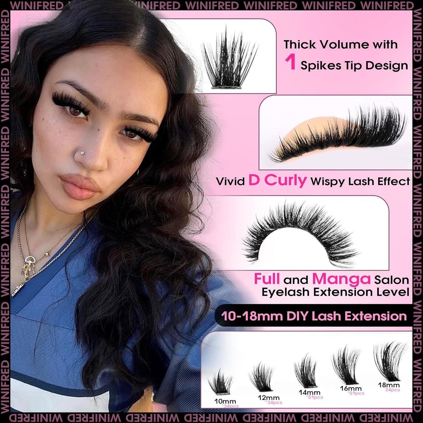 Winifred Fairy Lash Clusters Kit Eyelash Extension Kit Fluffy Lash Clusters 10-18mm D Curly Cluster Eyelash Extensions Volume Wispy Lash Extension Kit Spiky Individual Lashes Kit Lash Bond and Seal