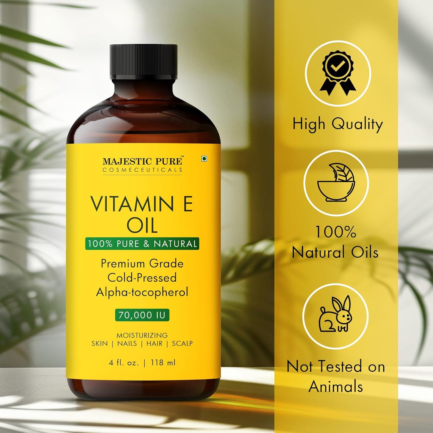 Majestic Pure Vitamin E Oil - 100% Pure & Natural, 70,000 IU | Premium Grade, Cold-Pressed and Tocopherol to Repair Dry, Damaged Skin| Moisturizing Skin, Hair and Scalp 4 Fl Oz