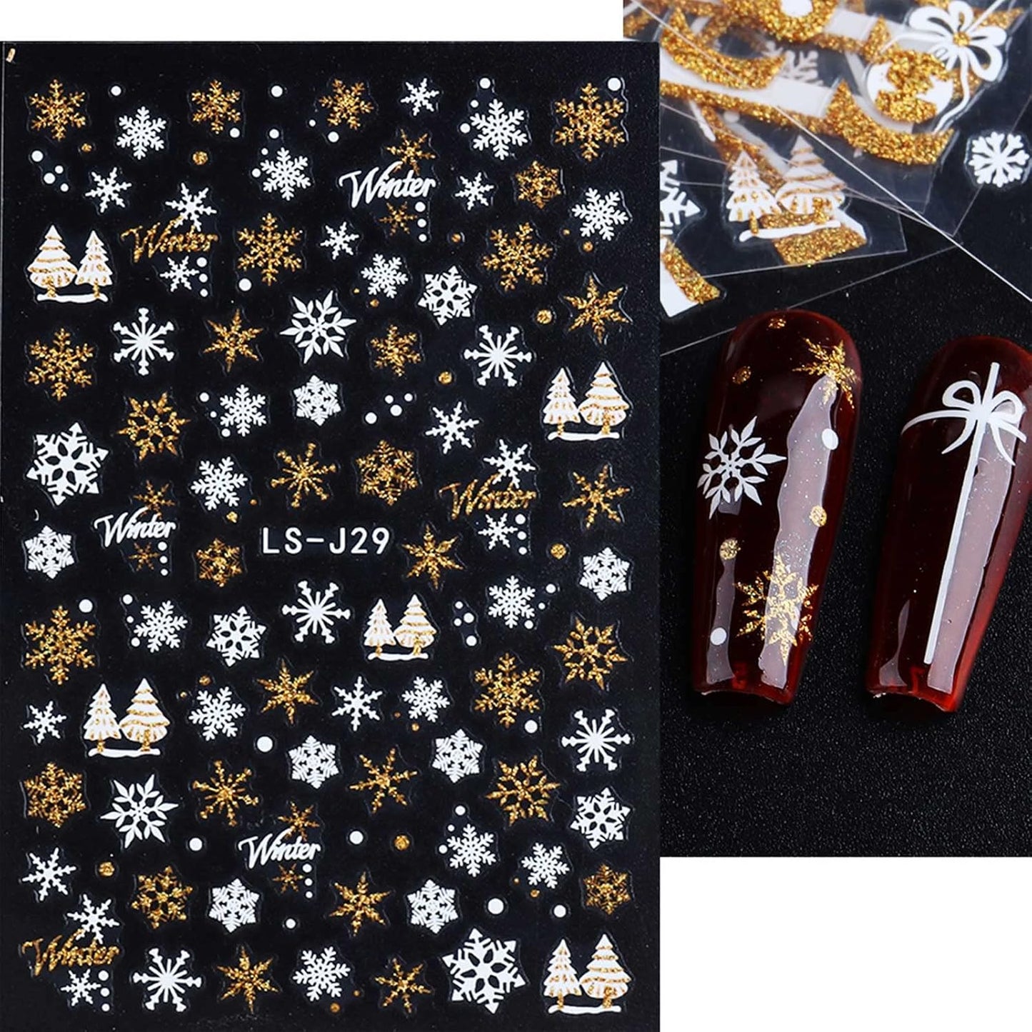 8 Sheets Glitter Christmas Nail Art Stickers Decals Self-Adhesive Holiday Gold Snowman Snowflake Winter Nail Supplies Nail Art Design Decoration Accessories