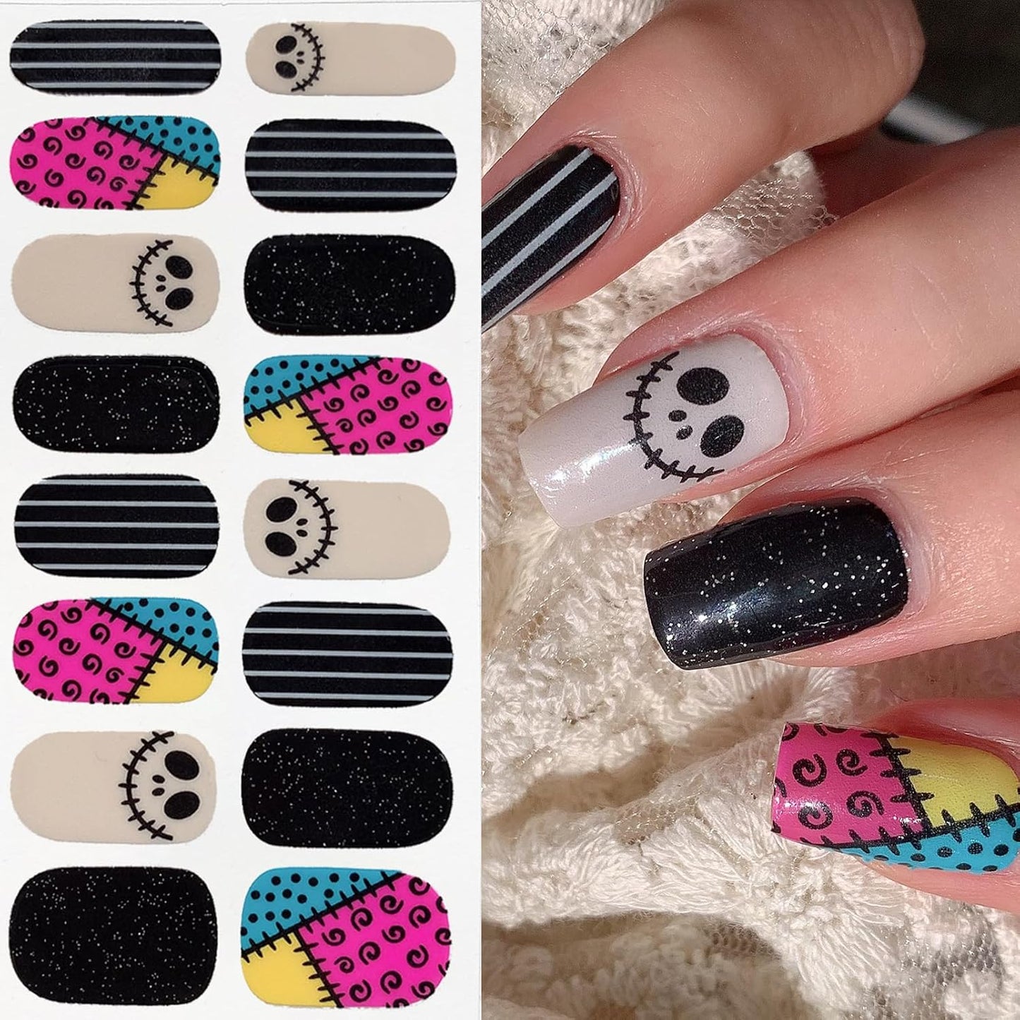 8 Sheets Halloween Nail Wraps Full Stickers Nail Polish Strips, DIY Self-Adhesive Nail Art Decals Pumpkin Bat Ghost Spider Web Skull Pattern with 1 Piece Nail Files for Party Decor (128 Pieces)