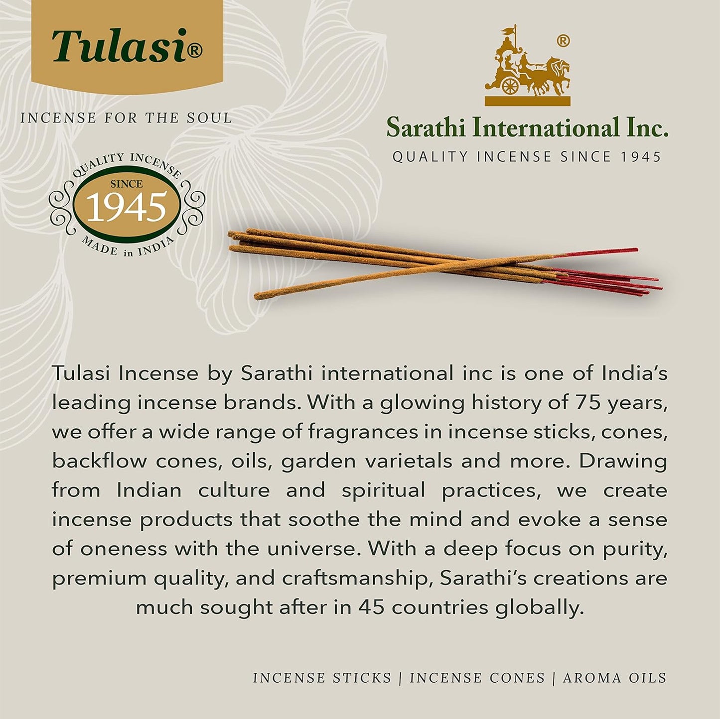 Tulasi Incense Sticks with Natural Oils Set of 6 Fragrances (120 Sticks) Hand Rolled Incense Sticks, Calming Home Aromatherapy, Meditation, Relaxing, Mixed Scents with Natural Oils