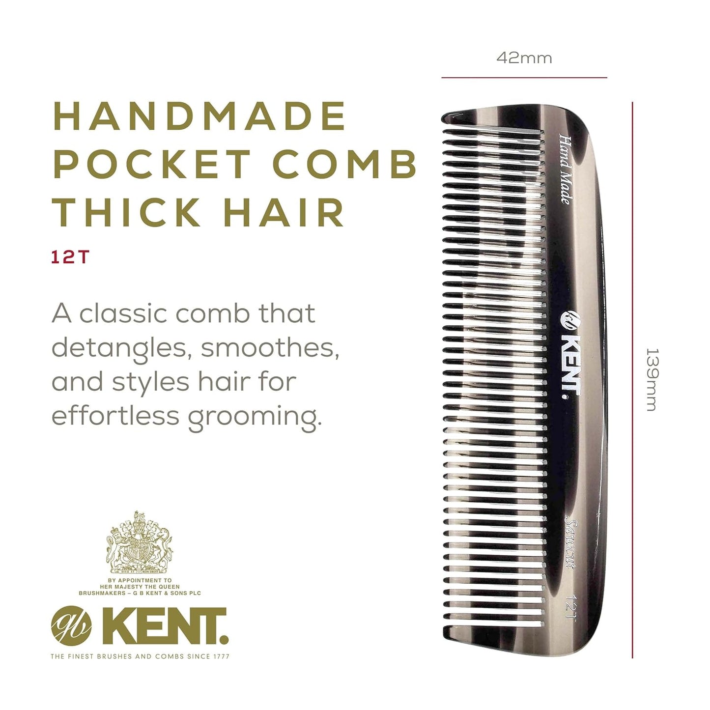 Kent 12T G Wide Tooth Detangling and Grooming Comb - Handmade Pocket Comb for Thick, Curly, Wavy Hair - Large Tooth Hair Detangler for Beard and Mustache - Saw-Cut and Hand Polished