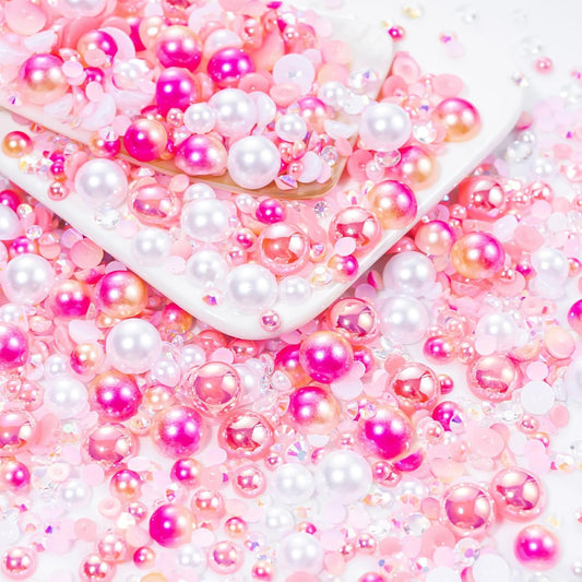 60g Pink Flat Back Pearls Rhinestones for Crafts Mixed Size 3mm-10mm AB Color Round Half Pearls Flatback Pearl Beads and Resin Rhinestones Set for Face Art with Glue