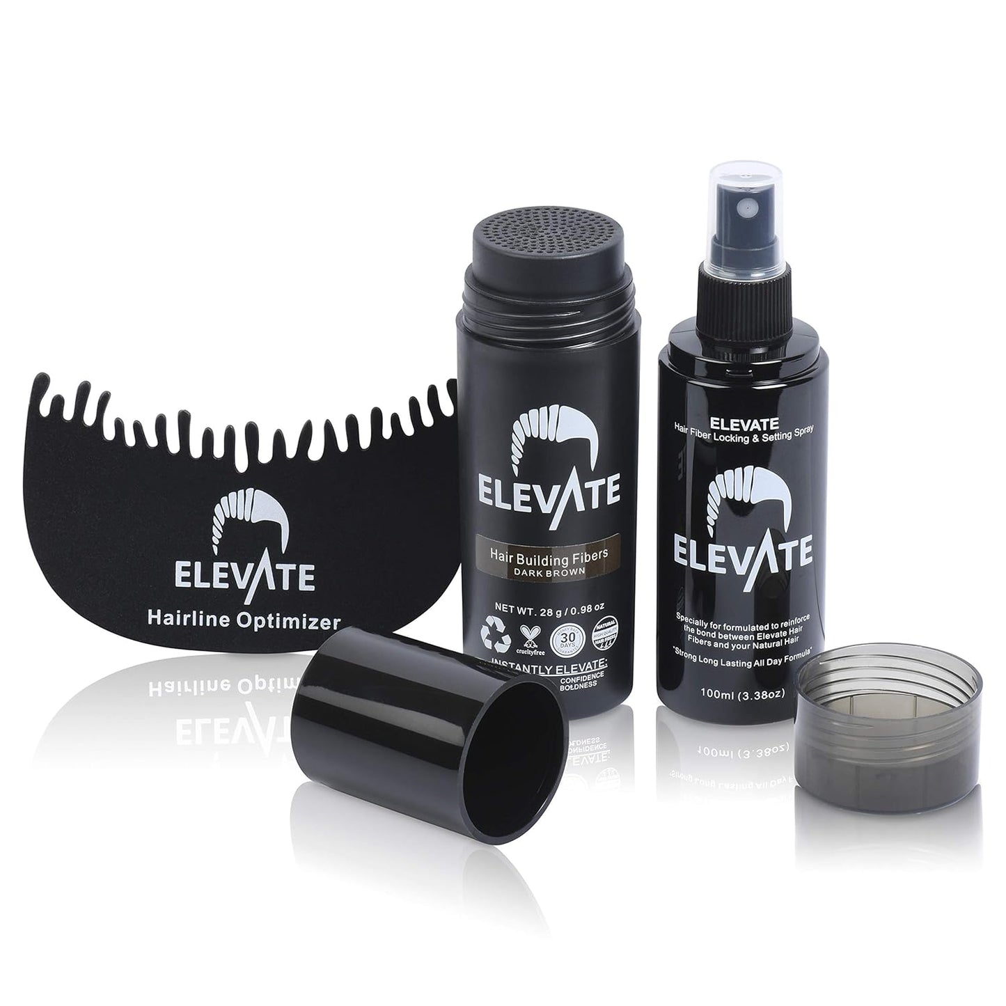 Elevate Hair Building Fibers 3-in-1 Kit for Thinning Hair (Dark Brown) Keratin Hair Thickening Powder with Fiber Lock Spray & Hairline Optimizer Comb - Instant Concealer Applicator for Men & Women