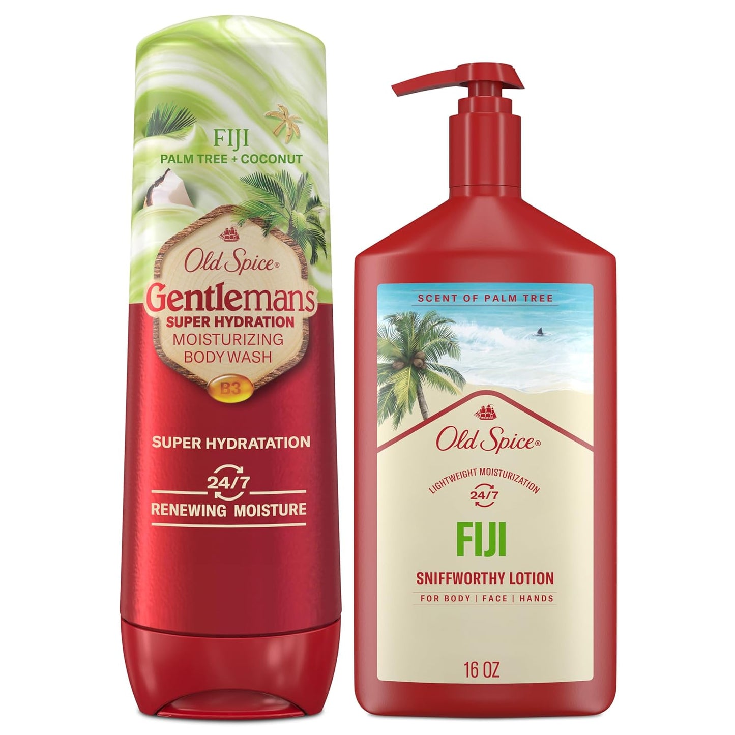 Old Spice Body Wash + Hand & Body Lotion Bundle Pack, 24/7 Moisturizing Freshness, For All Skin Types, Fiji with Palm Tree + Coconut Lasting Scent, 16 oz & 20 oz (Pack of 2)