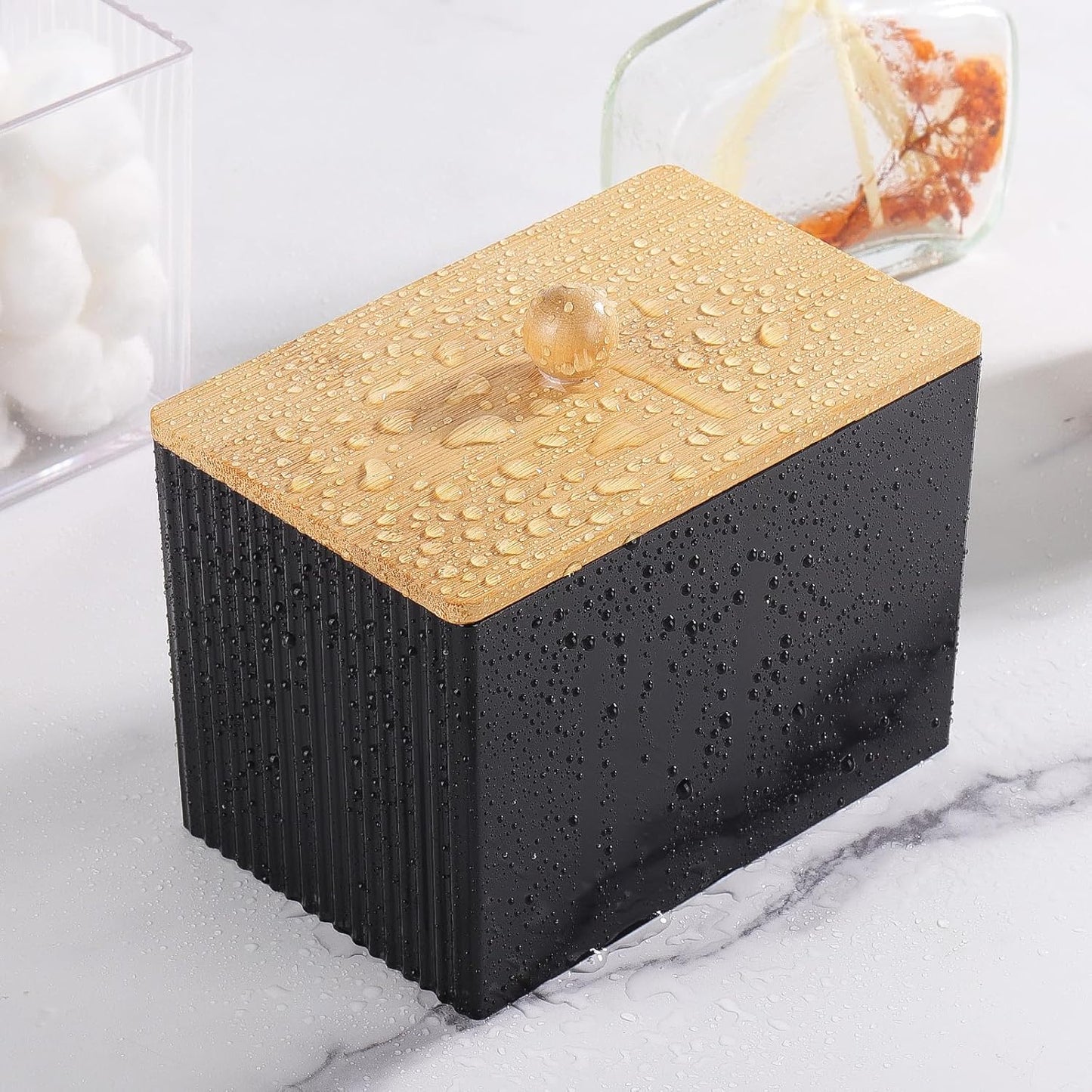 Ohlove Qtip Holder with Bamboo Lids, 3 Compartments Cotton Ball/Swabs Dispenser, Apothecary Jar Plastic Container for Storage and Organizer (Black)