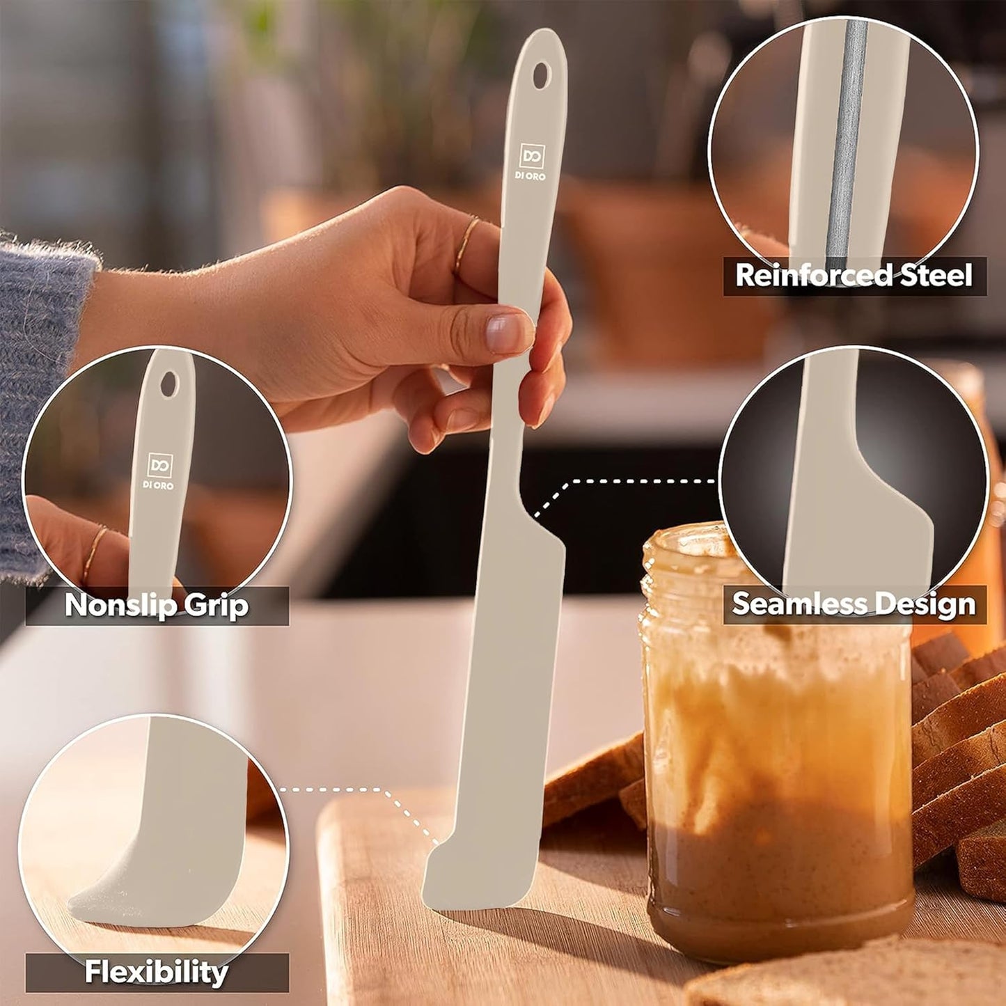 DI ORO Silicone Jar Spatulas for Scraping - Rubber Spatulas Silicone Heat Resistant - Kitchen Spatulas Nonstick Cookware Safe - Silicone Utensil Set for Blenders, Mixing, Baking, & Makeup (5pc, Clay)