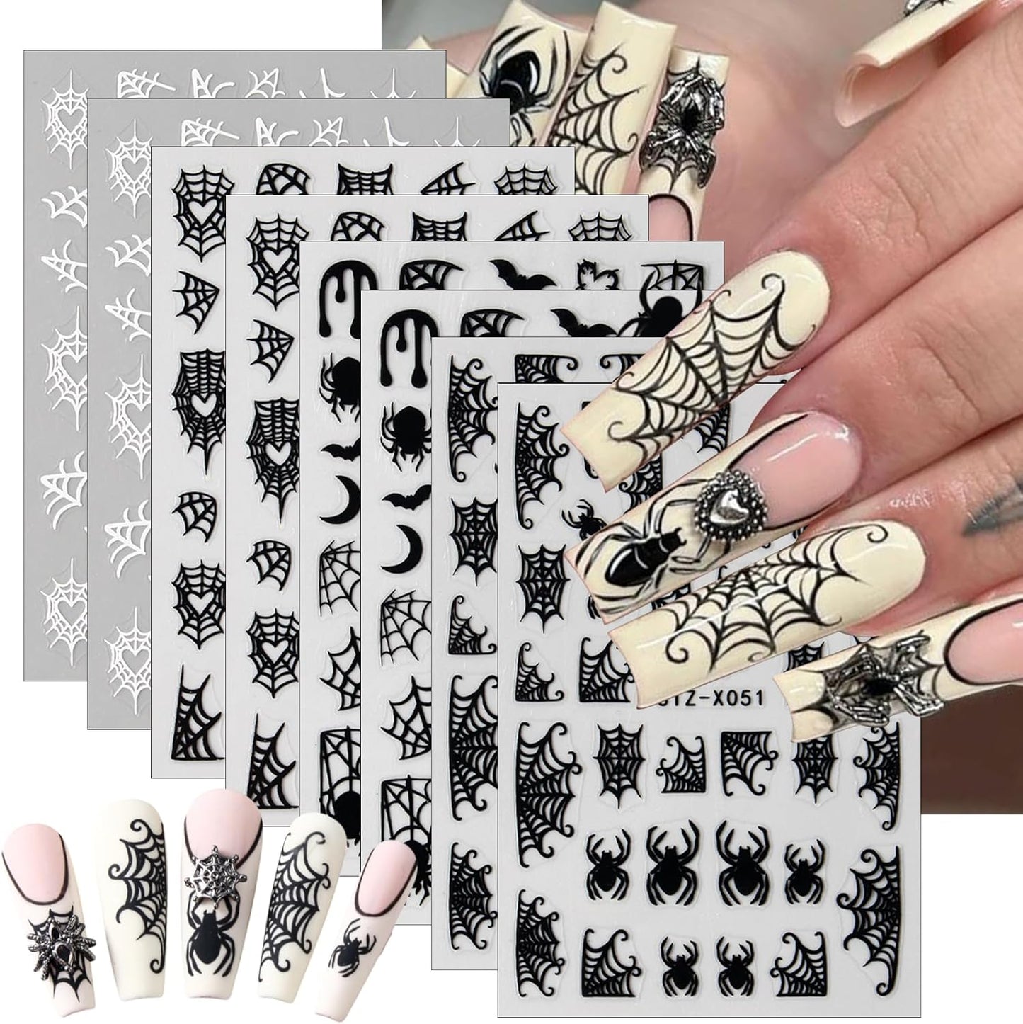 8 Sheets Halloween Nail Art Stickers 3D Spider Web Nail Decals Scary Black Spider Skull Bat Ghost Designs Nail Stickers Black White Halloween Nail Decoration for Women Girls DIY Nails Art Decoration