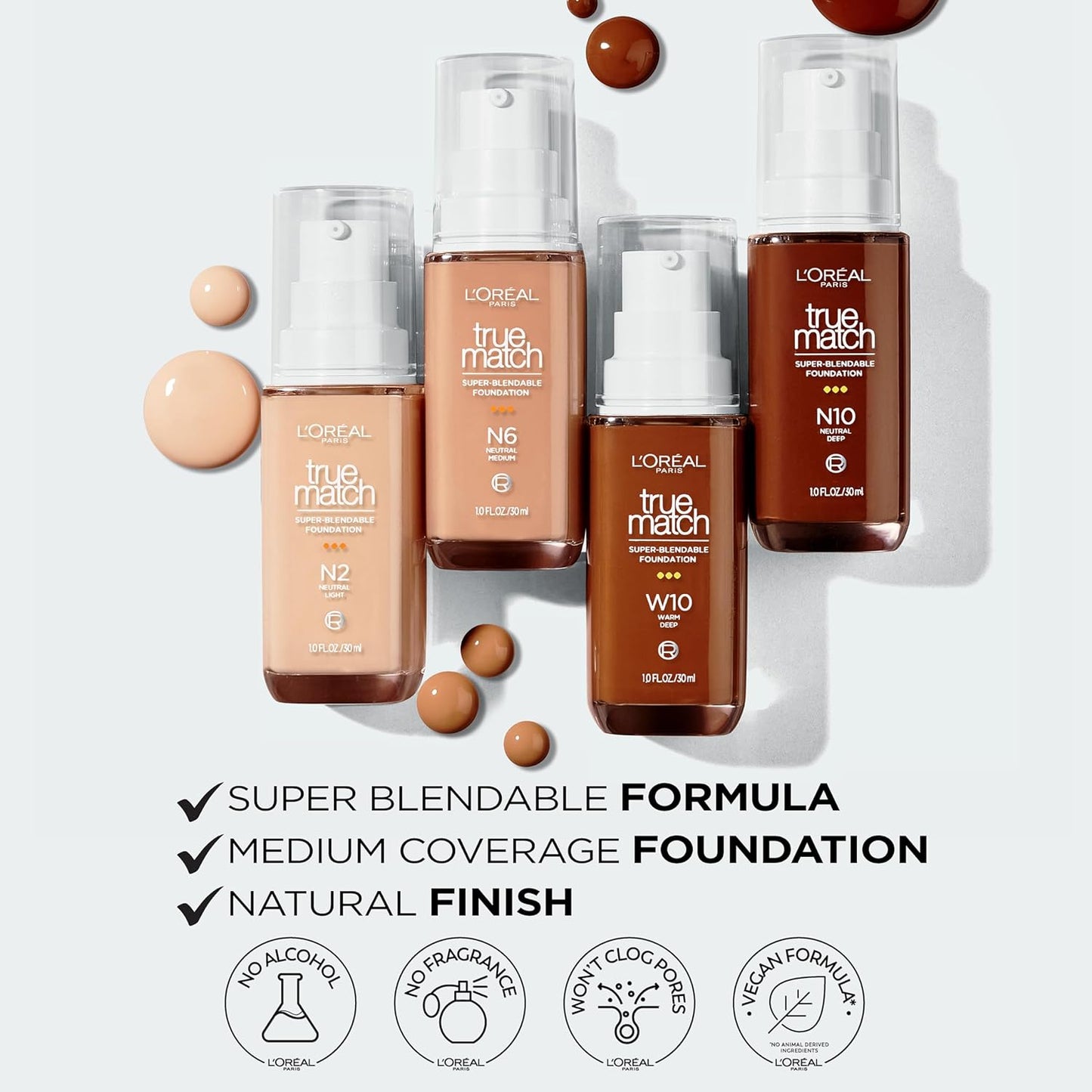 L'Oreal Paris True Match Super-Blendable Foundation, Medium Coverage Liquid Foundation Makeup, C0.5, Light, 1 Fl Oz