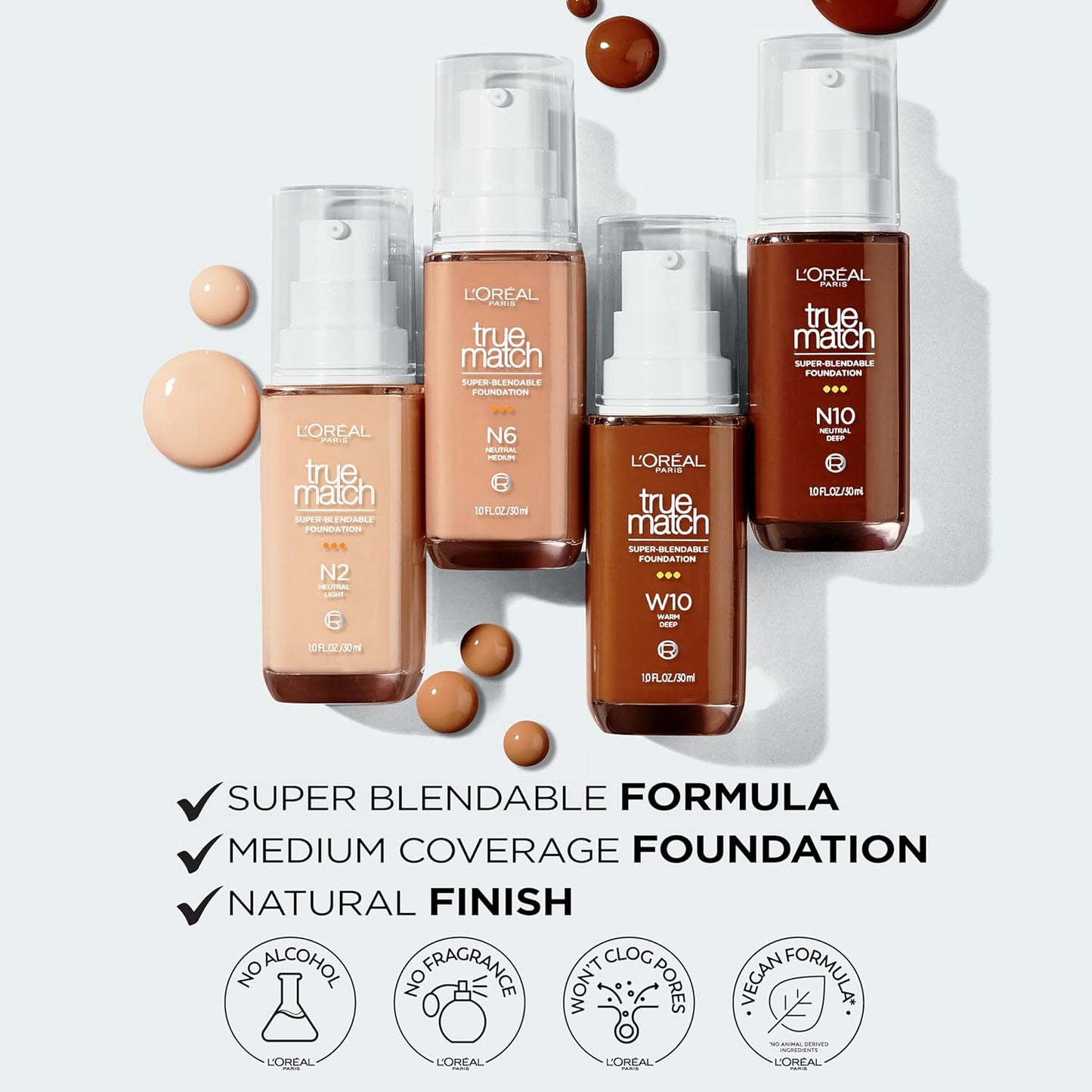 L'Oreal Paris True Match Super-Blendable Foundation, Medium Coverage Liquid Foundation Makeup, N9, Medium Deep, 1 Fl Oz