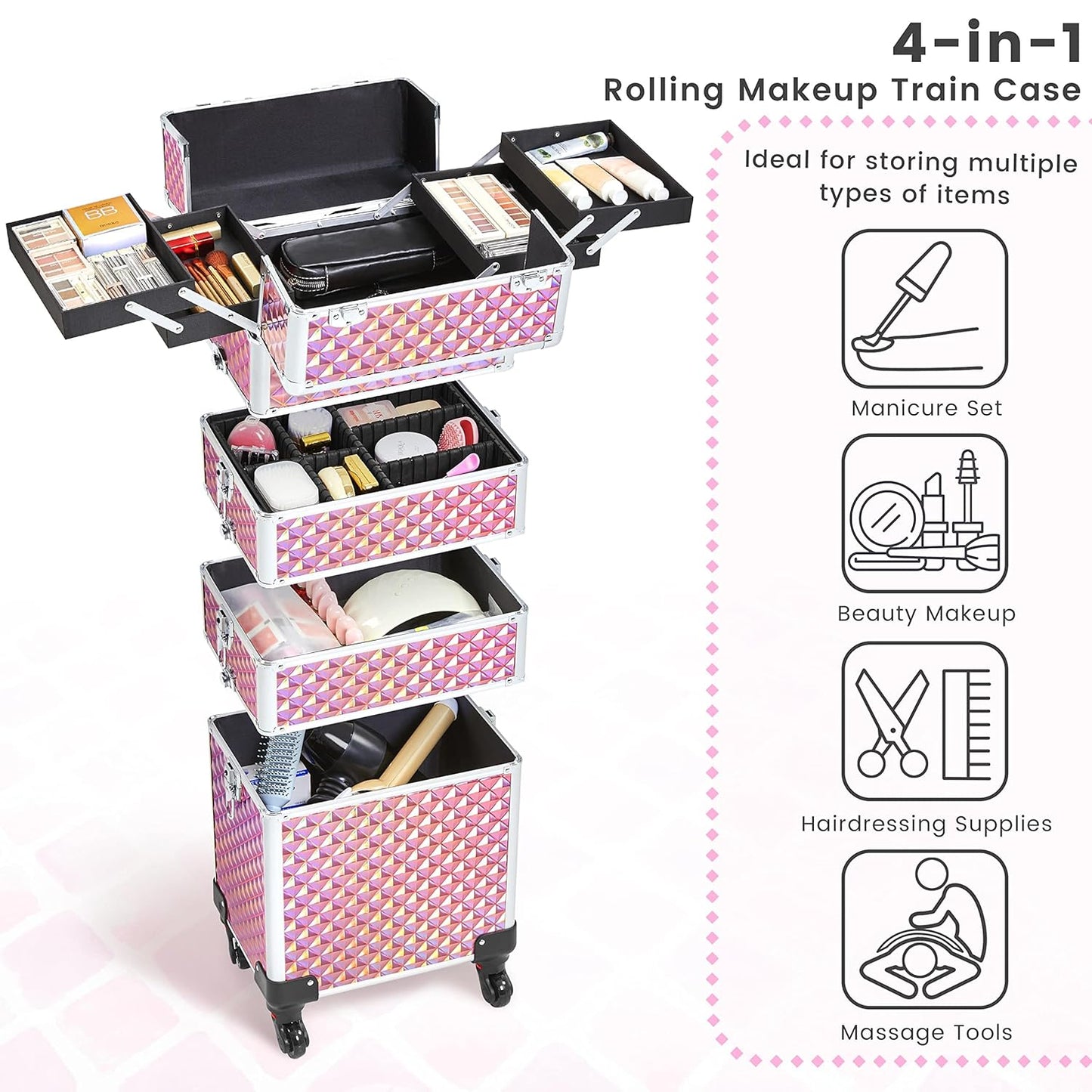 Yaheetech 4 in 1 Professional Makeup Train Case/Rolling Cosmetic Trolley/Makeup Case Organizer/Makeup Travel Case with 4 Detachable Swivel Wheels, Glitter Pink