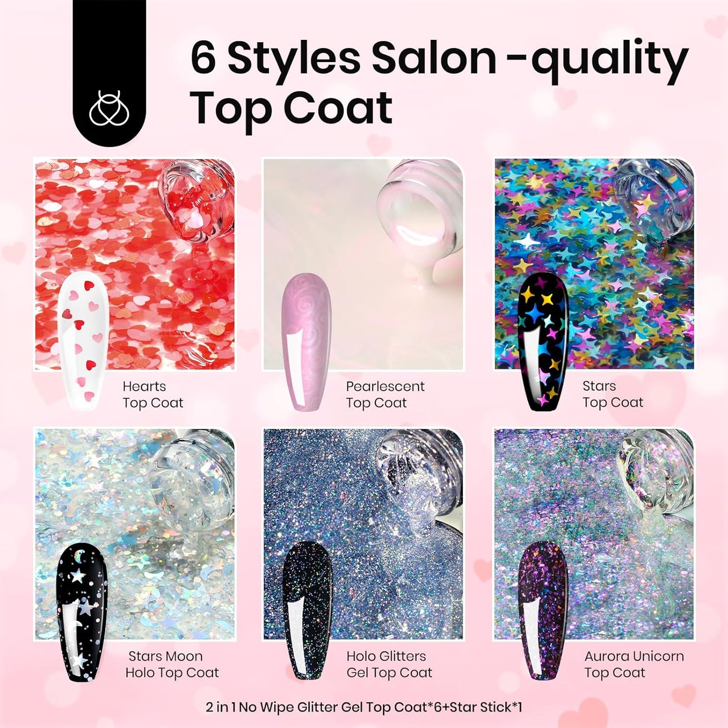 beetles Gel Polish 6Pcs Heart Star Reflective Glitter Gel Top Coat Set, Clear Pink Color Pastel Nail Polish No Wipe Top Coat Long Lasting Highly Shine Soak Off Uv Gel Art