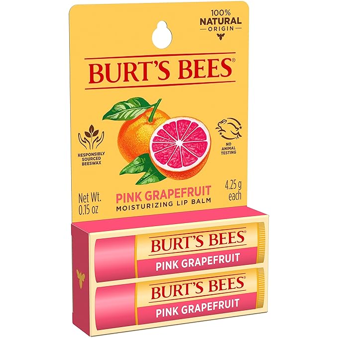 Burt's Bees Lip Balm - Pink Grapefruit, Lip Moisturizer With Responsibly Sourced Beeswax, Tint-Free, Natural Origin Conditioning Lip Treatment, 2 Tubes, 0.15 oz.