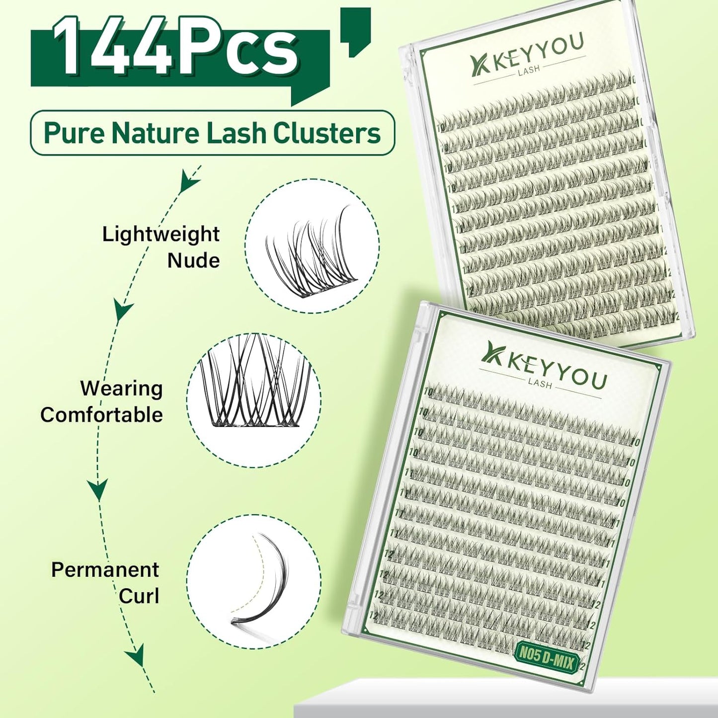 KEYYOU Natural Lash Clusters Wispy Eyelash Clusters 144 pcs Cluster Eyelash Extensions D Curl Individual Lashes 10-12MIX Mix Length Light and Natural Lashes Look with Thin Lash Band(N05-D-10-12MIX)