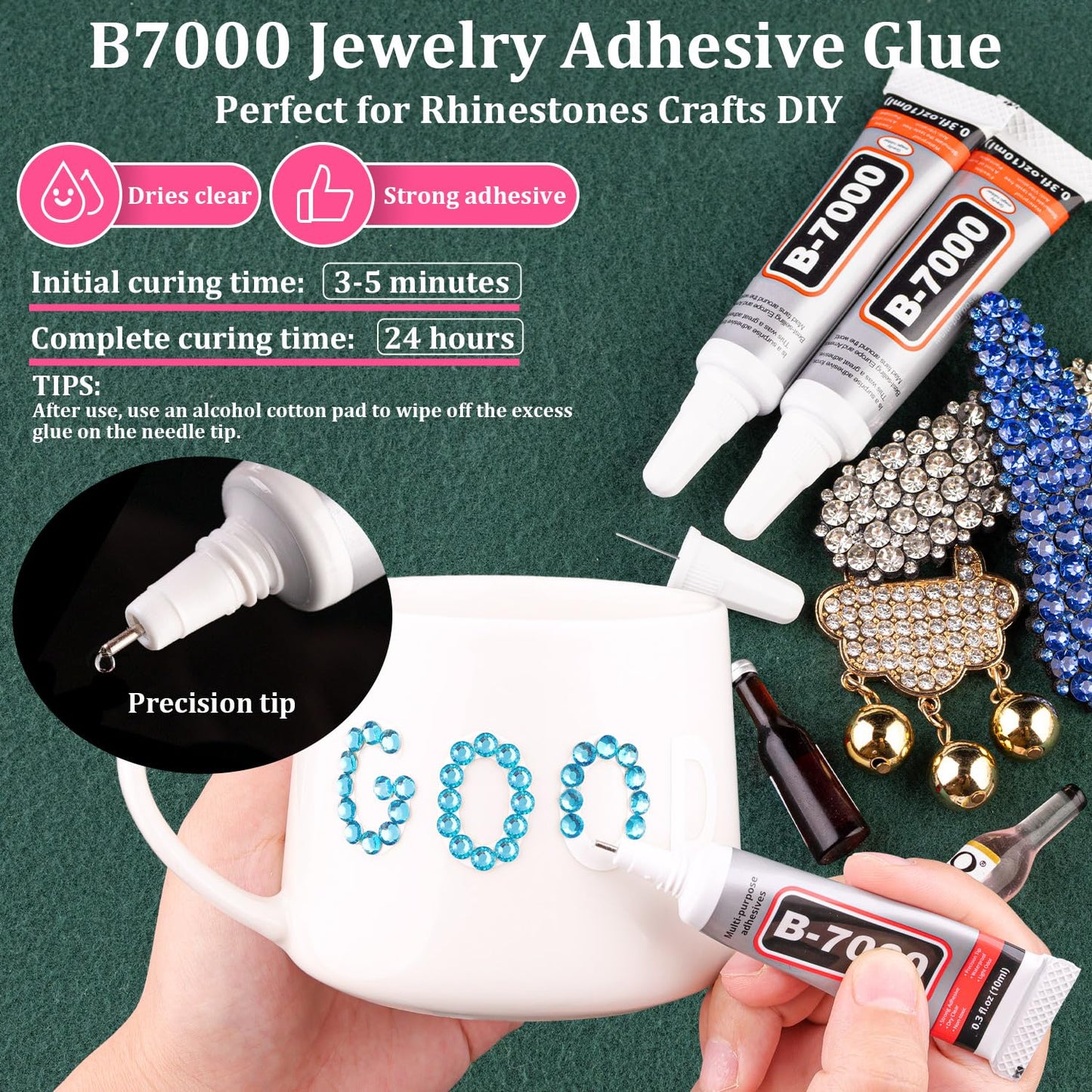Resin Rhinestones for Crafting with B7000 Jewelry Glue, 2 Boxes Indicolite Flatback Crystals with 3Pcs 10ml Glue for Bedazzling Crafts DIY Nail Art Makeup，Non Hotfix Gems for Clothing Shoes