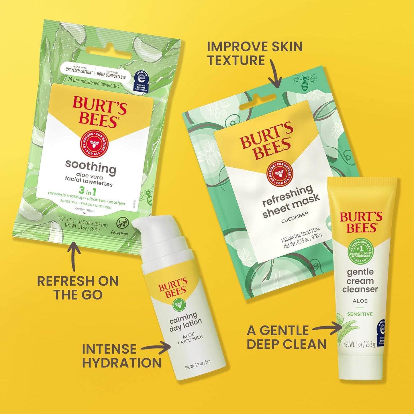 Burt's Bees Gentle Skin Care To-Go Set, Includes Cleanser, Towelettes, Lotion and Sheet Mask, Travel Size Facial Skin Care Products for Sensitive Skin, Natural Origin, 1 Gift Set