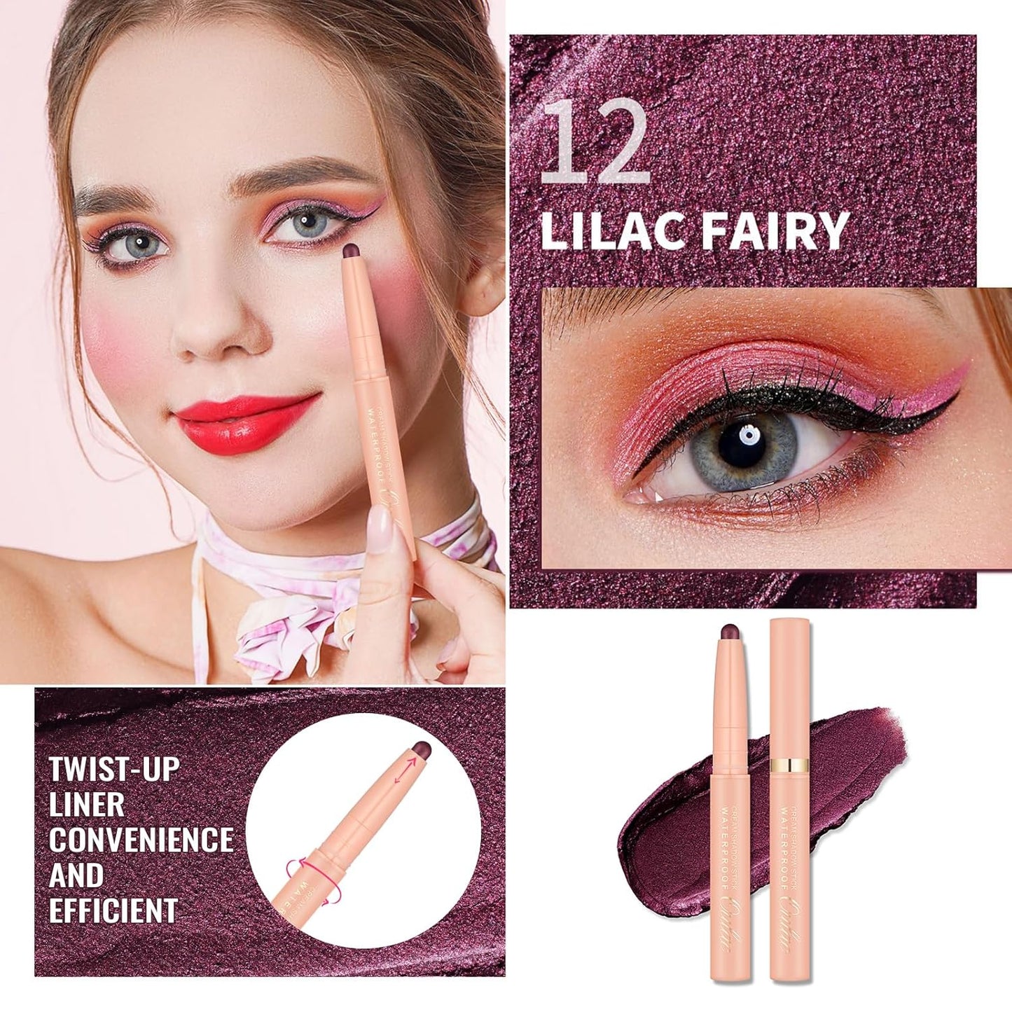 Oulac Twist-Up Burgundy Eyeshadow Stick – Twist-Up Crayon, Creamy Blendable Texture, Vegan & Cruelty-Free Eye Makeup, 1.25g, 12 Lilac Fairy