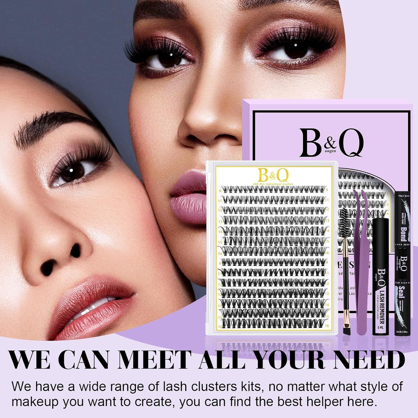 B&Q Lash Clusters Kit 280PCS Eyelash Clusters Kit,30D 40D D 9-16MIX Individual Lash Comfortable Eyelash Extension Set, Classic Look with Bond and Seal Waterproof, Remover DIY at Home(Set,30D+40D)