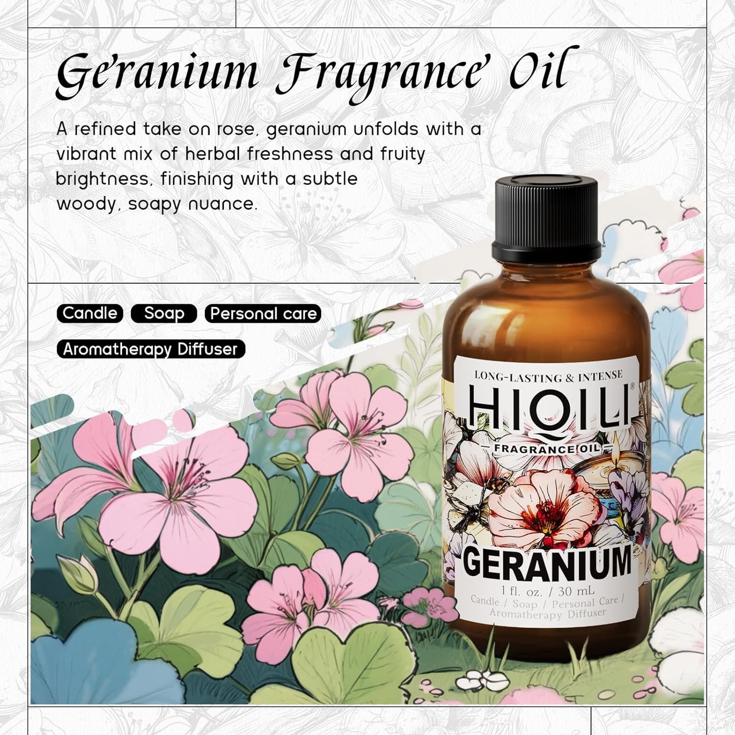 HIQILI Geranium Fragrance Oil for Home Diffuser, Relaxation, Essential Oil for Candle & Soap Making, Long-Lasting Scents, Car Freshies - 1 Fl Oz