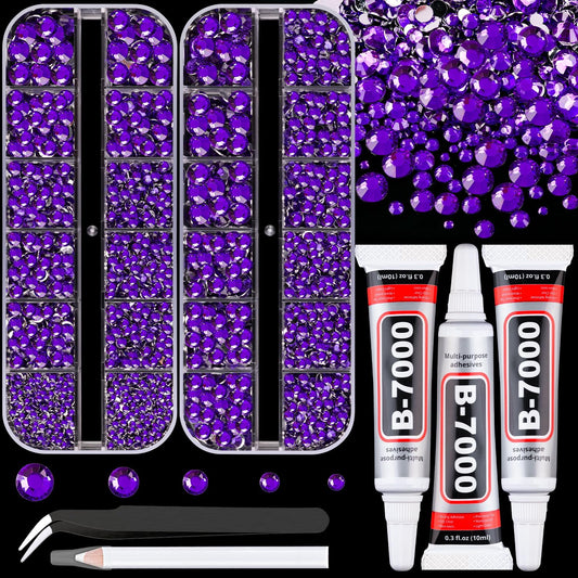 Resin Rhinestones for Crafting with B7000 Jewelry Glue, 2 Boxes Dark Violet Flatback Crystals with 3Pcs 10ml Glue for Bedazzling Crafts Nail Art Makeup, Non Hotfix Gems for Clothing Shoes