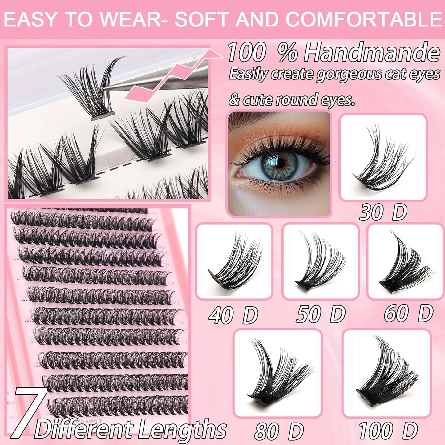 Lash Clusters Kit, Eyelash Clusters Individual Lash Extension Kit 480 Pcs D Curl Fluffy Wispy False Eyelashes Extensions Thin Band with Bond Seal Tweezers Brush Remover (50D+60D Kit 9-16mm)