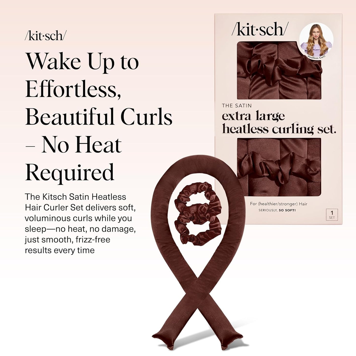 Kitsch XL Satin Heatless Curling Set – Heatless Hair Curler for Women, Hair Curler to Sleep In - with 2 Satin Scrunchies for Overnight Curls – No Heat Damage Styling with Heatless Curler - Chocolate