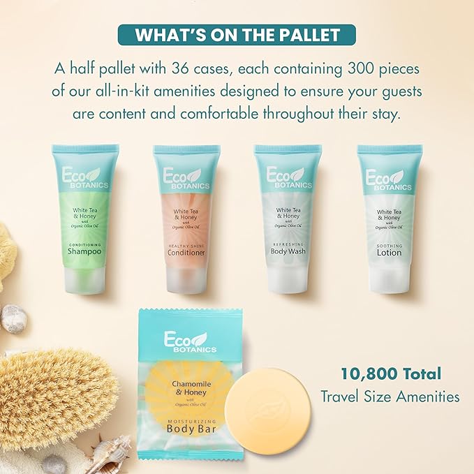 Eco Botanics Hotel Soaps & Toiletries Bulk Set | 0.85oz Hotel Shampoo & Conditioner, Body Wash, Body Lotion & Bar Soap Travel Size | Half Pallet, 36 cases with 300 units each - 10,800 pieces