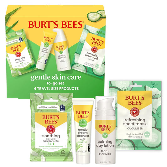 Burt's Bees Gentle Skin Care To-Go Set, Includes Cleanser, Towelettes, Lotion and Sheet Mask, Travel Size Facial Skin Care Products for Sensitive Skin, Natural Origin, 1 Gift Set