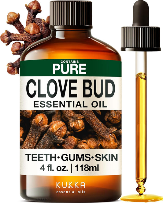 Kukka Clove Oil for Teeth and Gums - 4 Fl Oz - Clove Essential Oil - Sourced from Flower Buds - Ideal for Oral Care, Hair, Diffuser, DIY Soap Making Scents