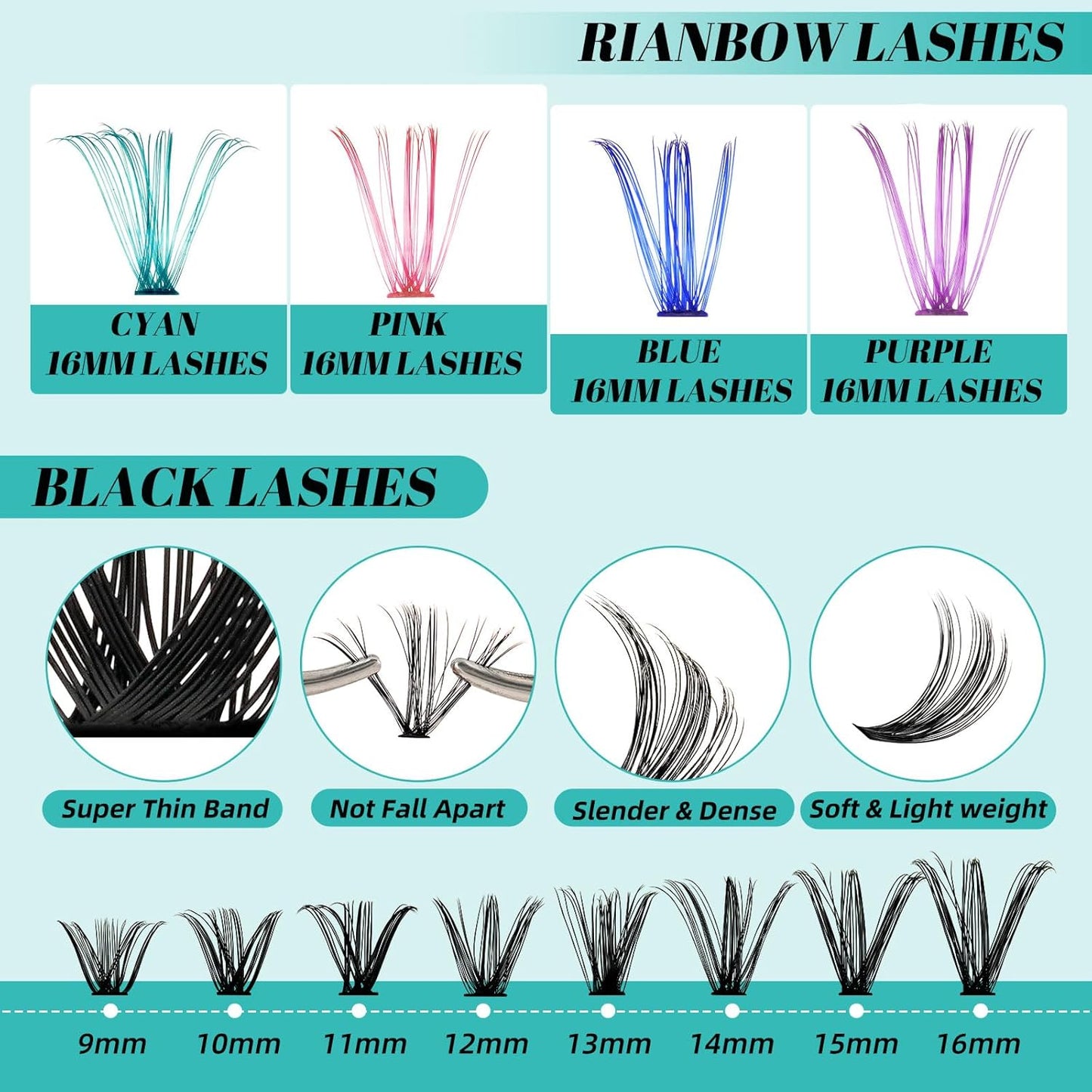 Lash Clusters Kit 320Pcs,40D Eyelash Extension Kit,Lash Bond and Seal Waterproof,Lash Remover for Colorful Individual Cluster Lashes Kit,Lash Applicator Tool for DIY Lash Extension Kit(D-Mix9-16mmKit)