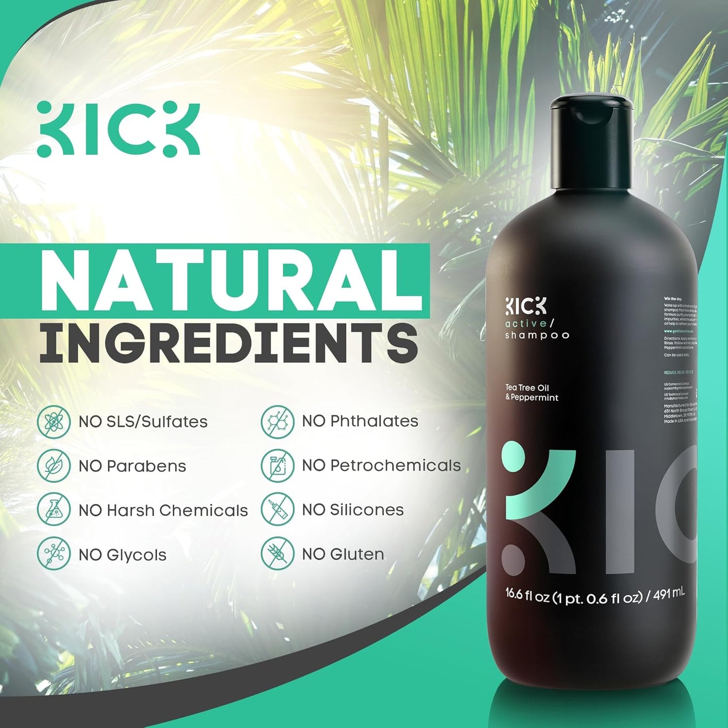 Kick Mens Shampoo - Peppermint & Tea Tree for Oil Control - Sulfate-Free, Refreshing Formula - Anti-Dandruff and Scalp Soothing - Shampoo for Oily Hair - Cruelty-Free - 16.6oz