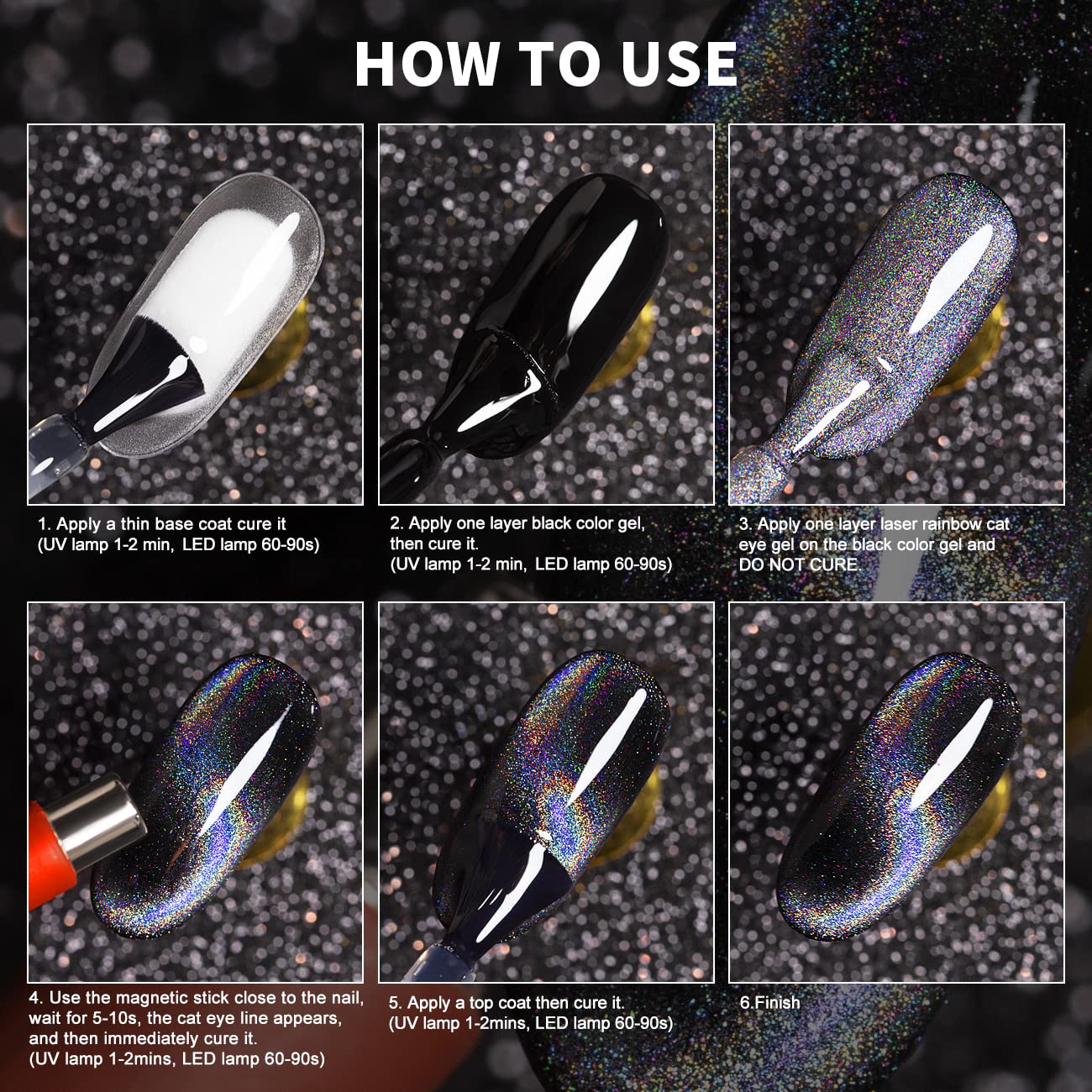 RARJSM Silver Holographic Glitter Gel Cat Eye Gel Nail Polish, Gelpolish Galaxy Rainbow Effect Universal Without Magnet Soak Off U V L E D DIY Manicure Art for Salon Designs and Home DIY 7.5ML