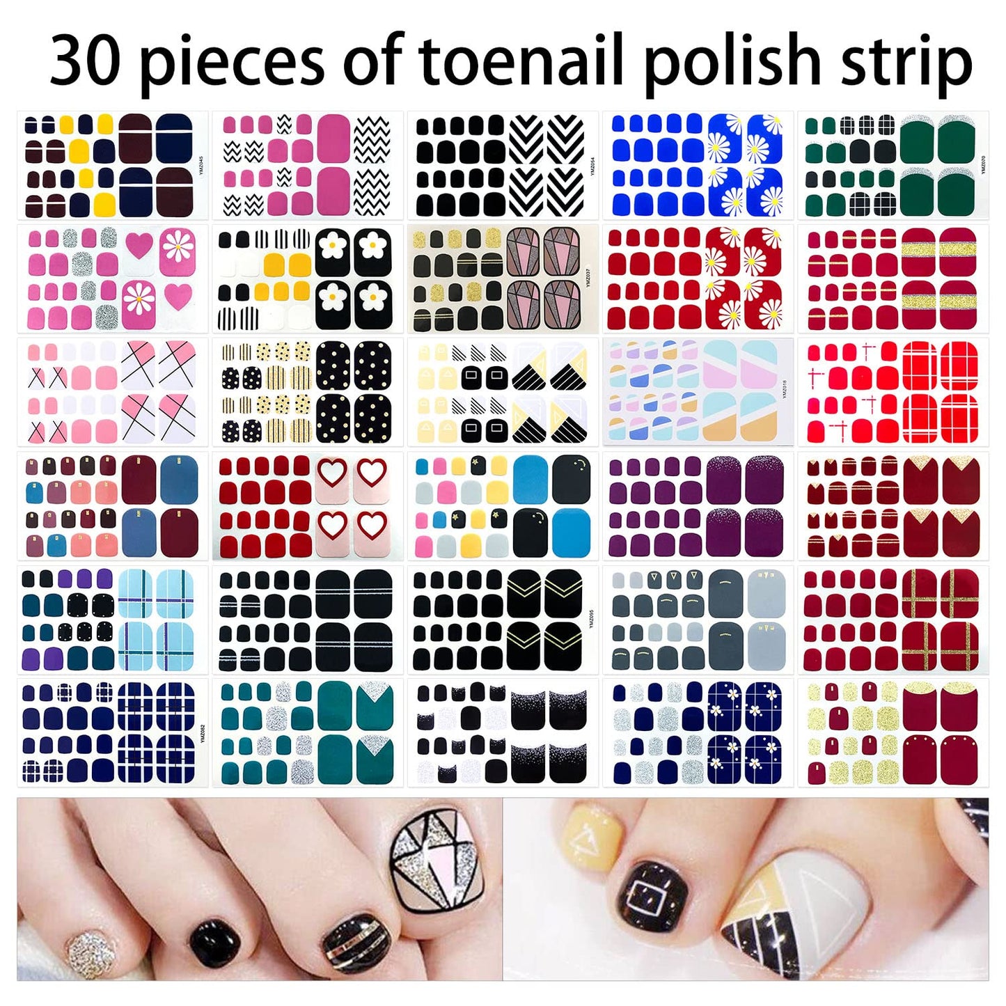 660 Pieces 30 Sheets Toe Nail Polish Strips Nail Stickers Full Nail Wraps Self Adhesive Nail Art Stickers Nail Strips for Women Girl Nail Accessories with Nail File