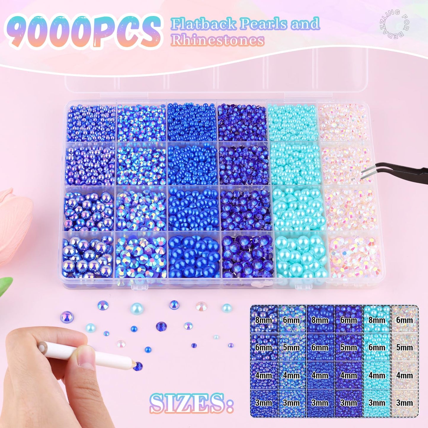 9000Pcs Flatback Pearls and Rhinestones for Bedazzling, Blue Series Mixed Size 3-8mm Resin Rhinestones and Half Pearls for Crafting, Nail Art and Grad Cap Decoration with 3pcs B7000 Jewelry Glue