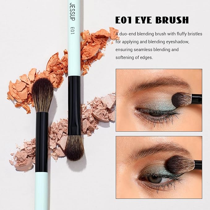 Jessup Makeup Brushes 2pcs Double Sided Foundation Brush Contour Brush Dual Ended Eye Blending Brush, Multi-functional Cosmetic Brush Bright Cyan T502