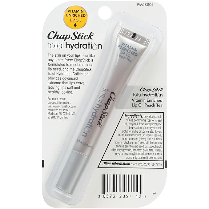 Chapstick Total Hydration VitaminEnriched Lip Oil Lip Care Oz, Non-Tinted, Peach Tea, 0.23 Ounce