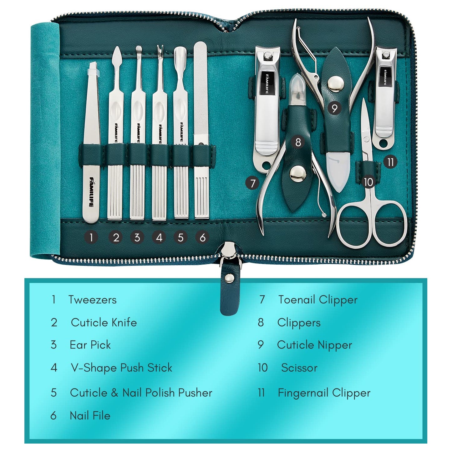 FAMILIFE Nail Kit, Professional Manicure Set Manicure Kit, 11 in 1 Stainless Steel Nail Clippers Set Pedicure Tools, Men Grooming Tool with Portable Blue Leather Travel Case Luxury Gifts for Him