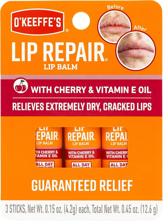 O'Keeffe's Lip Repair Lip Balm with Cherry & Vitamin E Oil, Stick (Pack of 3)