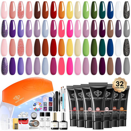 Modelones 133pcs Poly Extension Gel Nail Kit, 32 Colors All Seasons Poly Gel kit with Nail Lamp Slip Solution Builder Thickening Manicure Tools for Starter Salon DIY