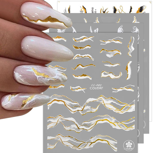 12 Sheets Nail Art Stickers Decals,TOROKOM Self-Adhesive White Black Gold Stripe Line Nail Decals Marble Wave Nail Sticker Supplies for 3D Nail Design Nail Accessories for Women French Nail Decoration