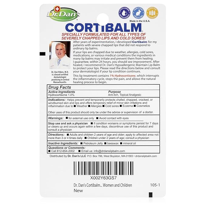 Dr. Dan's Cortibalm- 6 Pack - for Dry Cracked Lips - Healing Lip Balm for Severely Chapped Lips - Designed for Men, Women and Children