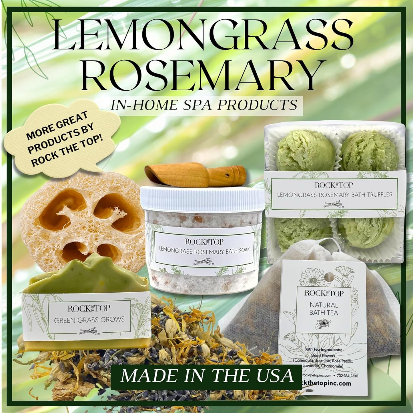 | 6 Lemongrass Rosemary Self Care Gifts for Women, Aromatherapy Epsom Salt Bath Soak, Lavender Soap, Bath Bombs, Bath Salts with Plant Based Loofa Dry Brushing Body Brush Gift