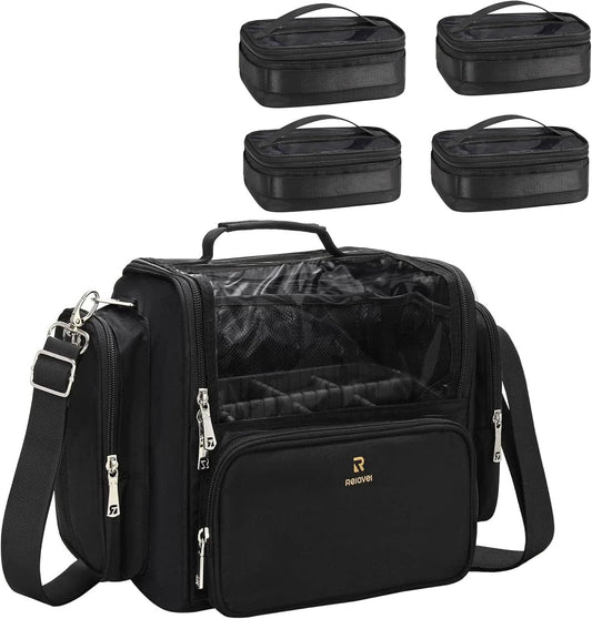 Makeup Brush Bag Extra Large Makeup Brush Case with 4 small bags Professional Makeup Artist Brush Holder Stand Up Organizer for Travel with Adjustable Dividers and Shoulder Strap