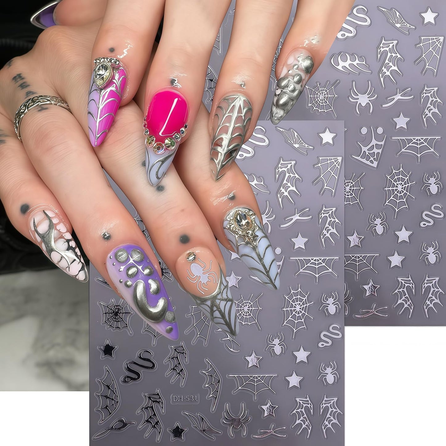 8 Sheets Halloween Nail Art Stickers Spider Web Nail Decals 3D Self-Adhesive Black Silver White Gold Snake Spiders Spider Web Nail Stickers Design Holiday Sticker for DIY Nails Decoration Accessories