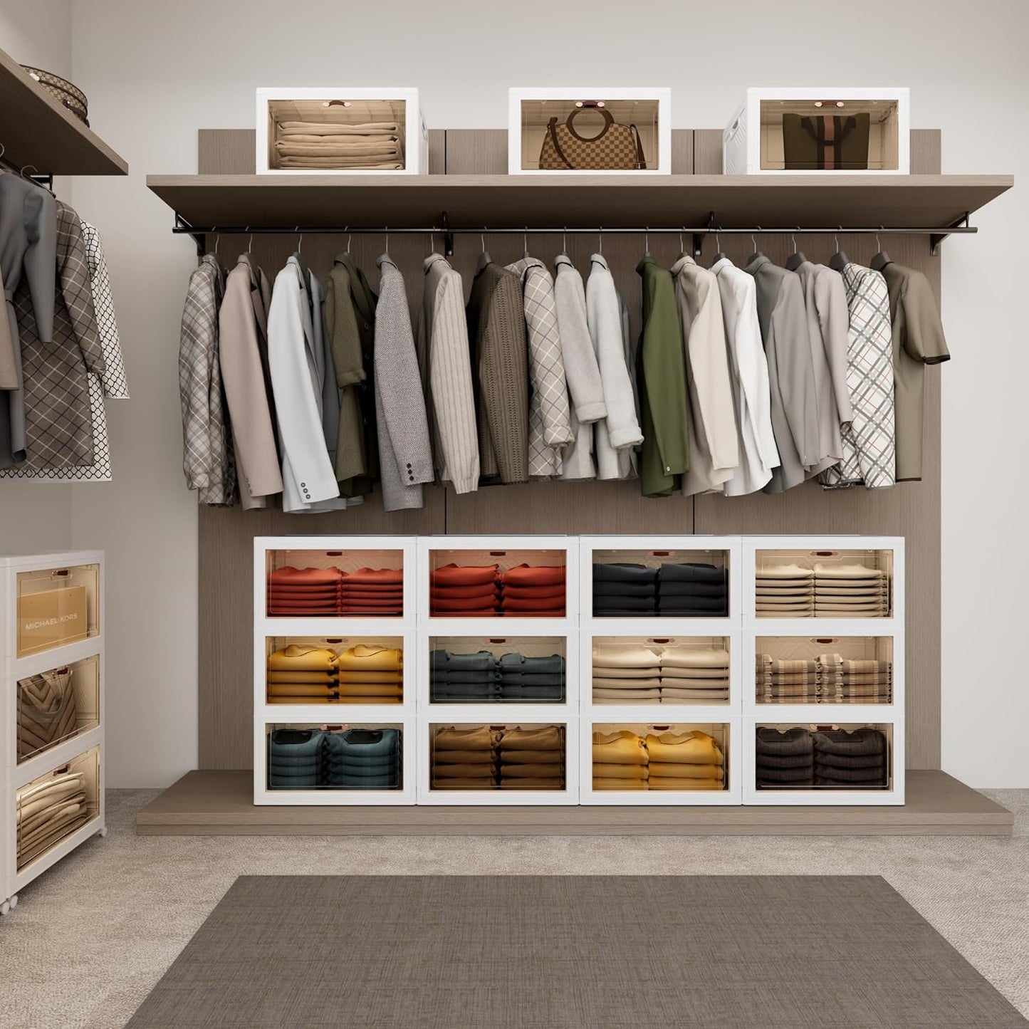 JOYMOOP Folding Storage Bins Organizer, 148.8 Quart Collapsible Storage Boxes with Wheels and Door, Stackble Plastic Storage Container for Clothing, Books and Sundries (XL, 12.4 Gal Per, 3 Tiers)