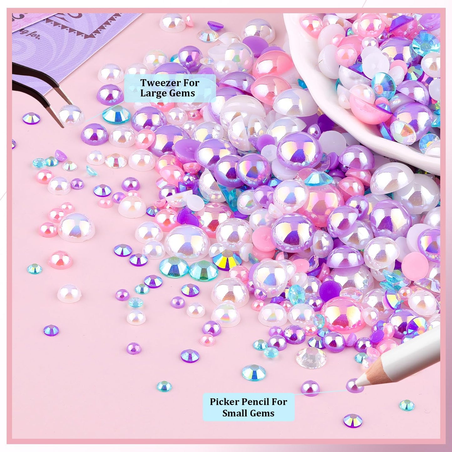 80g Flatback Pearls and Rhinestones for Crafting, Pink Purple Mixed Size 3-10mm Resin Rhinestones and Half Pearls for Bedazzling, Nail Art and Decoration with Tweezer and Pickup Pencil