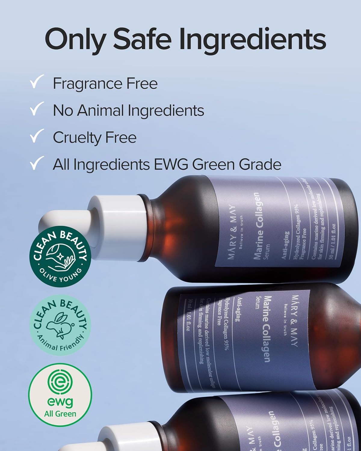 Mary&May Marine Collagen Serum - Hydrolyzed Low Molecular Collagen for Skin Firming and Replenishing, Hydrating - Korean Skincare, Fragrance Free, 1.01 fl.oz.