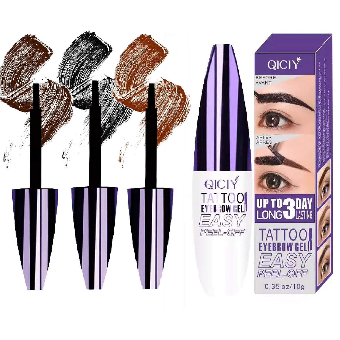 3PCS QICIY Easy Peel-Off Eyebrow Gel- QICIY Peel Off Tattoo Eyebrow Eye Brow Tint Waterproof & Sweatproof For All Skin Tones (All)